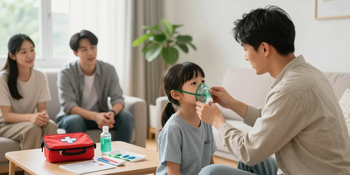 A person demonstrating the correct use of an oxygen mask in a family setting, showcasing emergency preparedness in health.