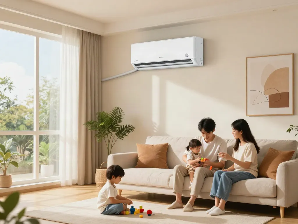 Cozy living room with a mini split air conditioner providing comfort for family activities.