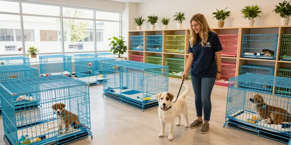 Pet Boarding cages for sale in a welcoming facility with staff interacting with pets.
