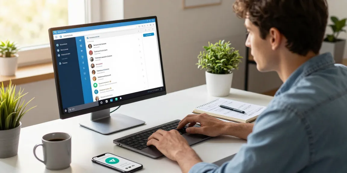 Engaging scene highlighting Telegram Web Version in a modern workspace with a professional using a laptop for team communication.